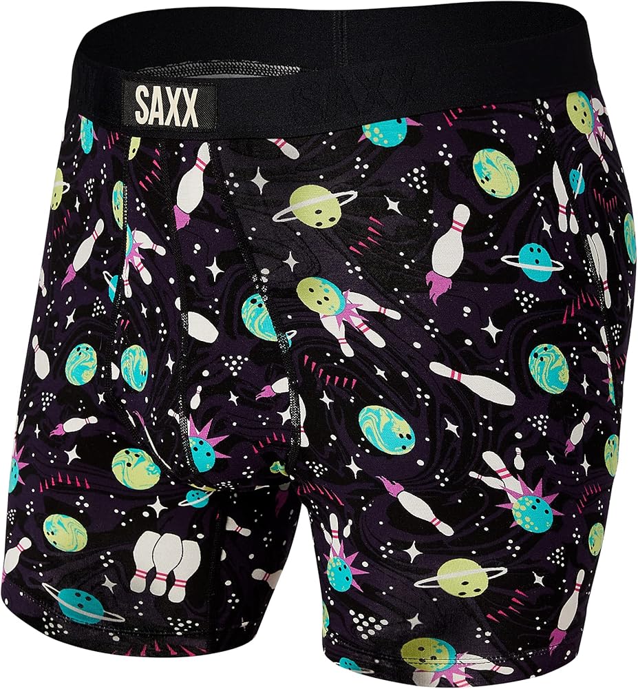 Saxx Underwear Men's Boxer Briefs- Ultra Boxer Briefs with Fly and Built-in Ballpark Pouch Support – Underwear for Men, Black Cosmic Bowling, Small