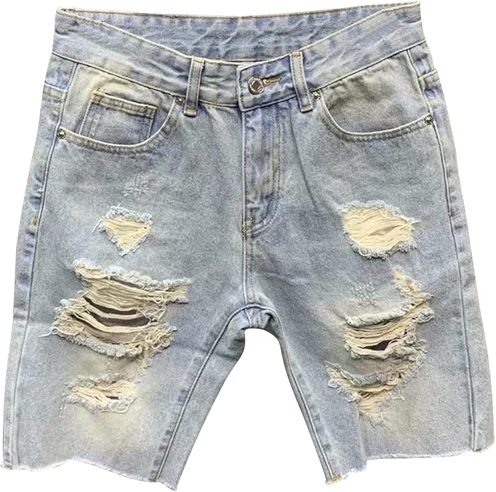 Men's Fashion Ripped Short Jeans Frayed Cut Off Slim Fit Denim Shorts Casual Straight Breathable Jean Short-Pant